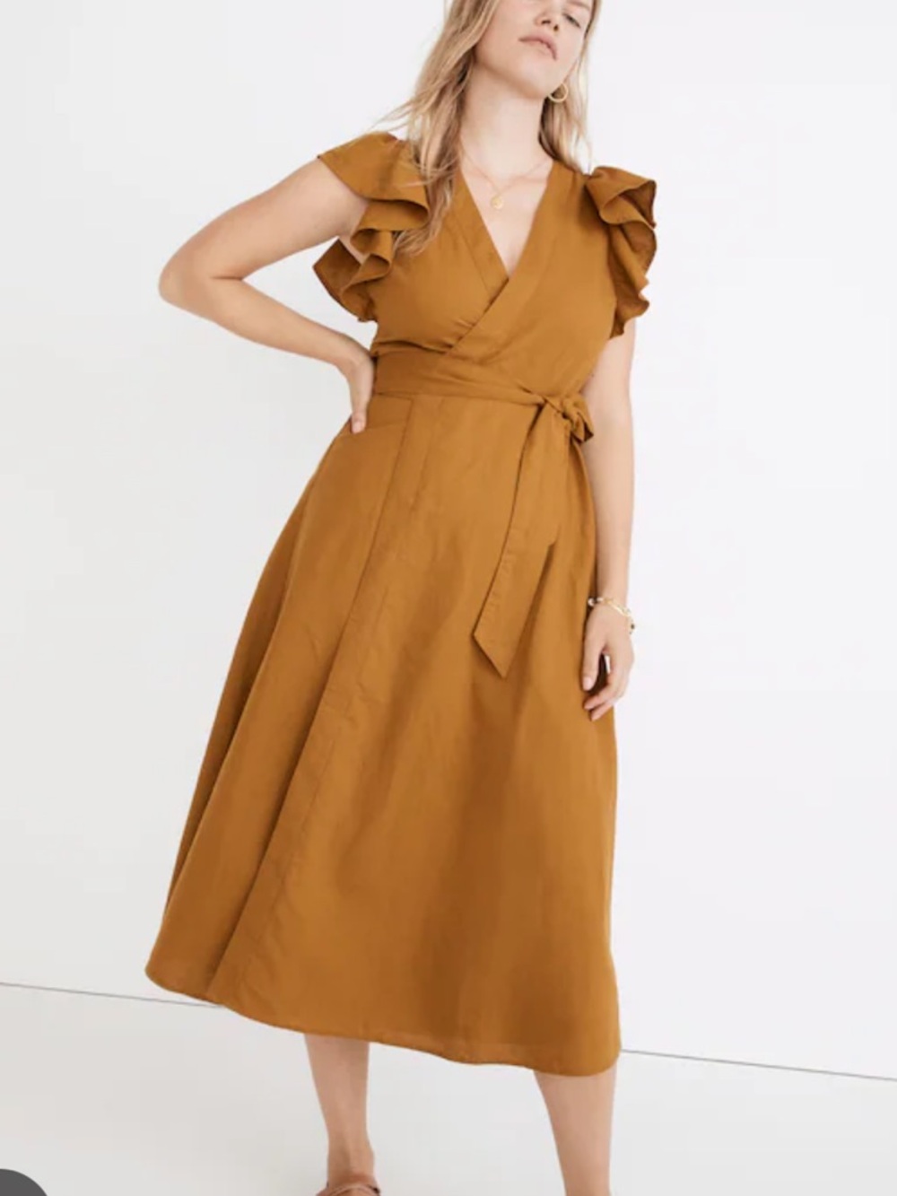 Wrap Midi Dress with Ruffle Sleeves - Mustard